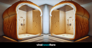 Innovative shower enclosure designed to resemble two slices of bread, offering a whimsical bathing experience.