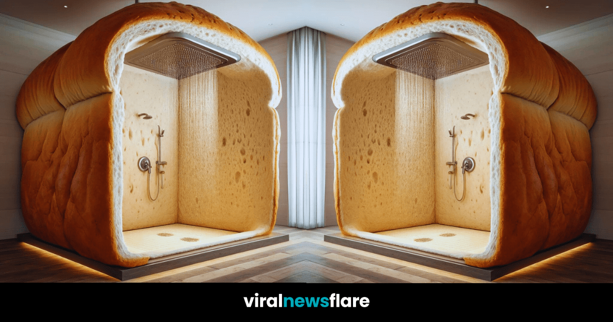 Innovative shower enclosure designed to resemble two slices of bread, offering a whimsical bathing experience.