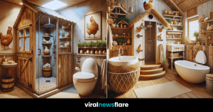 Collage of four rustic and whimsical bathrooms from the Rustic Rooster Collection with farmhouse-inspired designs