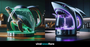 A collage of kettles inspired by sea creatures, each one glowing like a constellation against an oceanic twilight