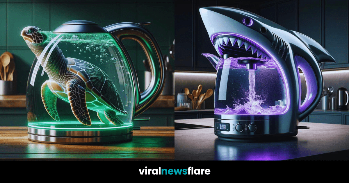 A collage of kettles inspired by sea creatures, each one glowing like a constellation against an oceanic twilight