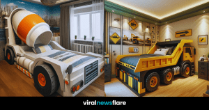 A collage of three construction-themed children's beds including a concrete mixer, dump truck, and scissor lift design.