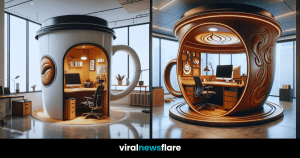 A creatively designed office space shaped like a coffee cup, combining functionality with the love for coffee.