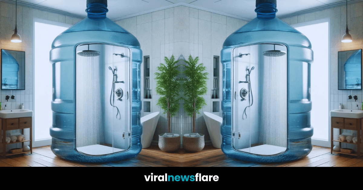 Collage of innovative bathroom designs focusing on the water bottle shower as a centrepiece.