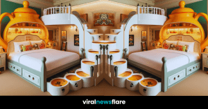 A creatively designed bedroom centred around a teapot theme, blending playful elements with functional living.