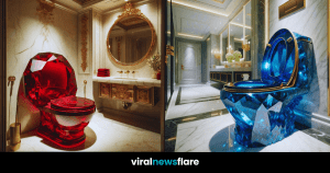 A compilation of luxurious bathrooms, each featuring a toilet shaped like a precious gemstone, representing the pinnacle of lavish interior design.