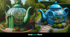 A series of vibrant teapot-shaped greenhouses nestled in lush gardens, showcasing a unique blend of horticulture and whimsical design.
