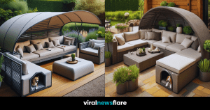 A showcase of garden lounges that exemplify the seamless integration of stylish design with pet-friendly features, set against the backdrop of nature's beauty.