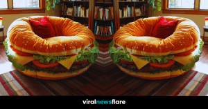 A novel cheeseburger-inspired chair in a cozy home setting, inviting and plush, perfect for the cover photo of a blog about unique home furnishings.