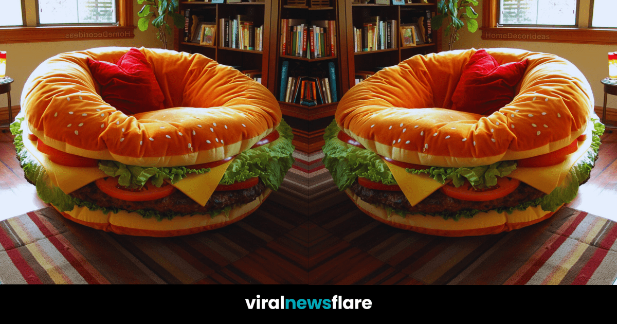 A novel cheeseburger-inspired chair in a cozy home setting, inviting and plush, perfect for the cover photo of a blog about unique home furnishings.