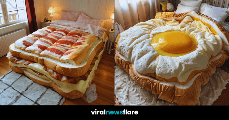 A creative bedroom setting with a bed designed to resemble a bacon and cheese sandwich.
