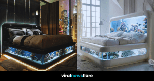 A luxurious bedroom featuring a large bed with a built-in aquarium at the base, set against a soft lavender backdrop, enhancing a serene sleeping environment.