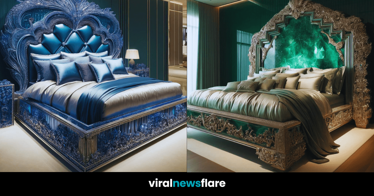 A luxurious bedroom featuring a bed with a large, floral and gemstone-embellished headboard inspired by rose quartz, set in a romantic and opulent setting.