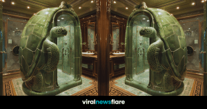 A uniquely designed shower enclosure modeled after a turtle, with a detailed green shell, positioned in an opulently styled bathroom with intricate mosaic tiling and classic wood paneling.