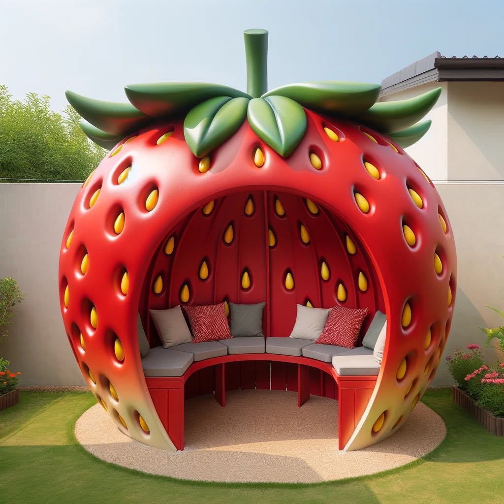 Bright red strawberry-themed arbour with green leaf accents and cushioned seating in a garden.