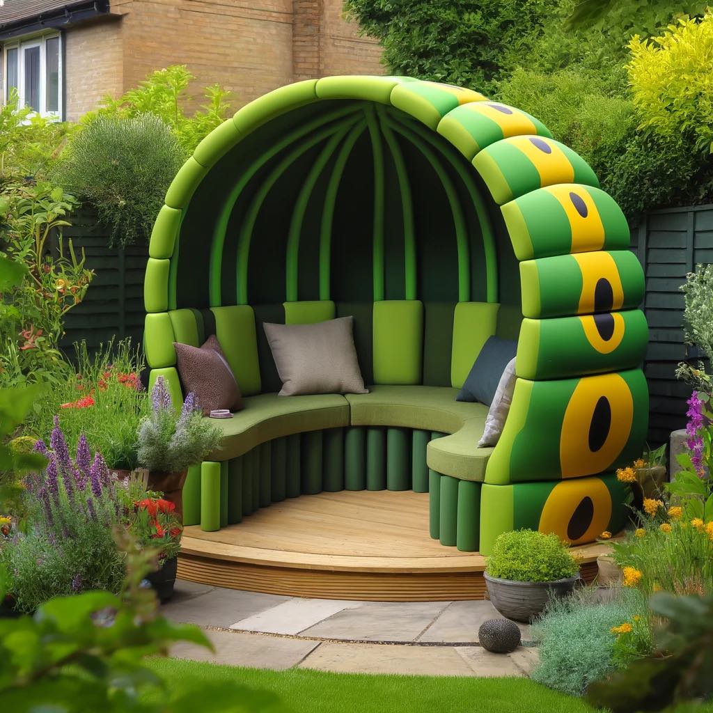 Caterpillar garden arbour with green and yellow segmented design and cushioned seating.