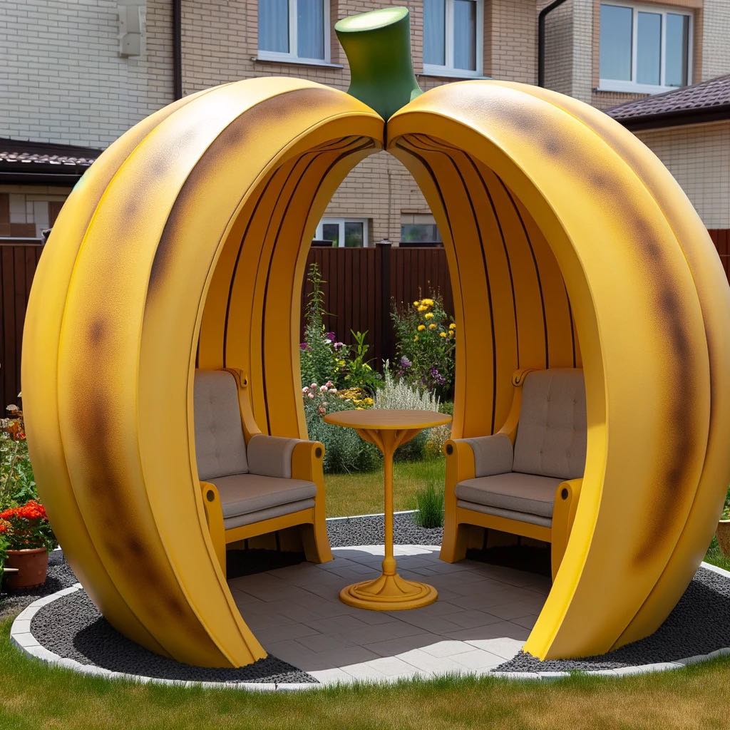 Yellow banana-themed arbour with comfortable chairs and a small table in a garden setting.