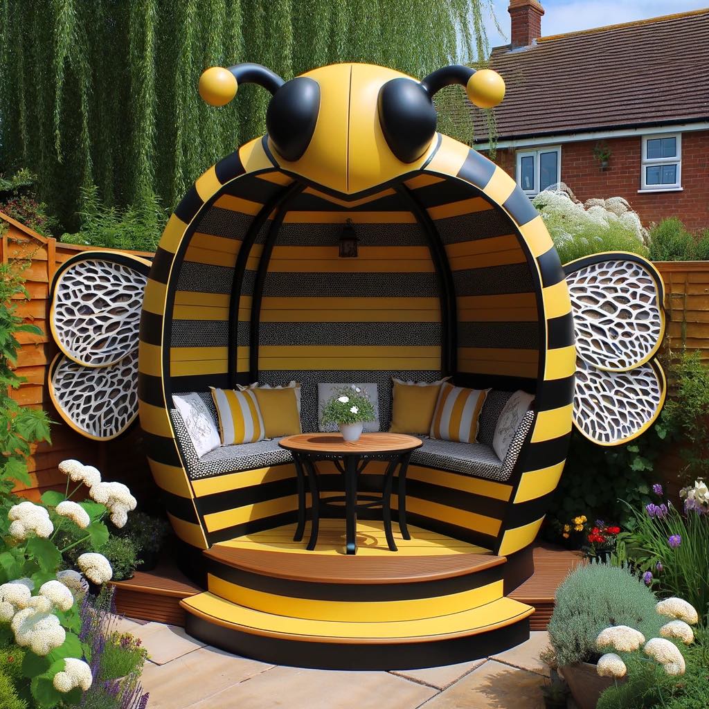 Bumblebee garden arbour with black and yellow stripes, wings, and a small table with seating.