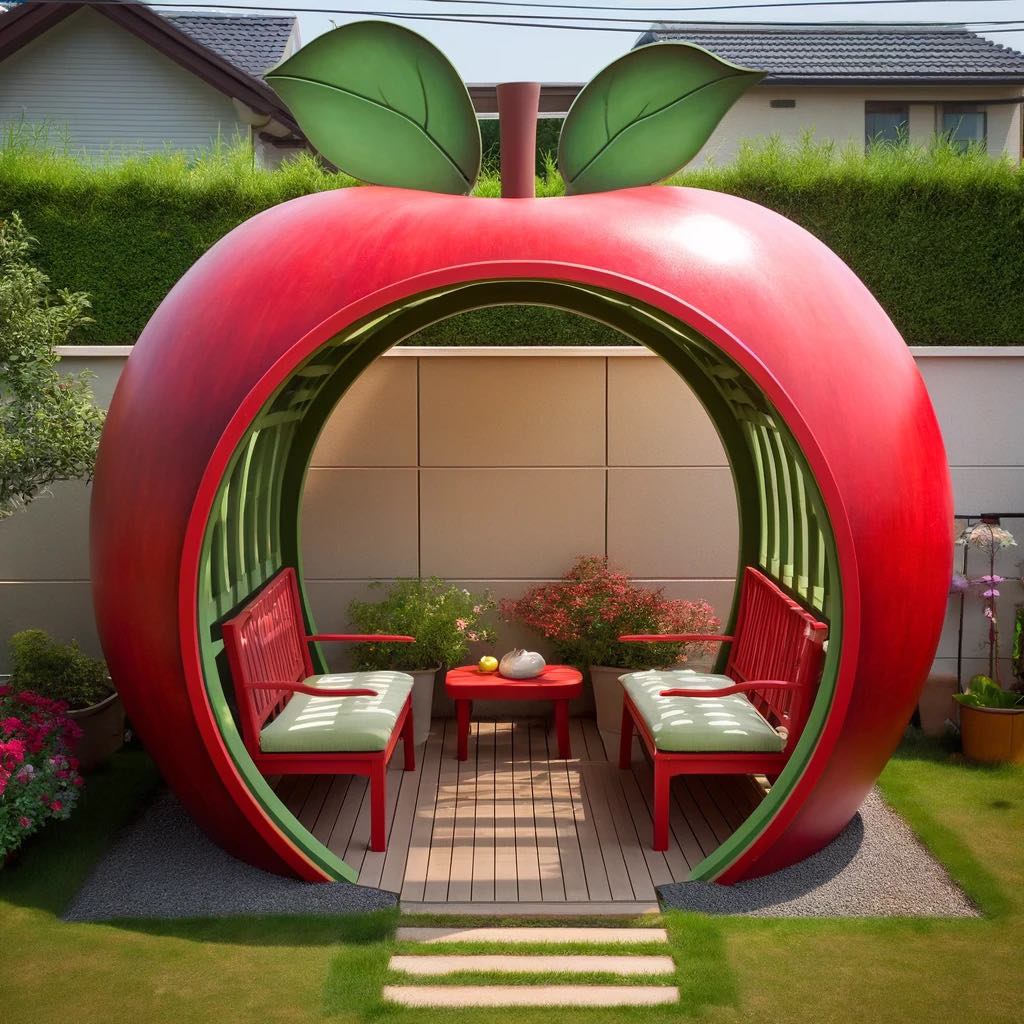 Red apple-themed arbour with green leaf accents and a cosy seating area in a garden.