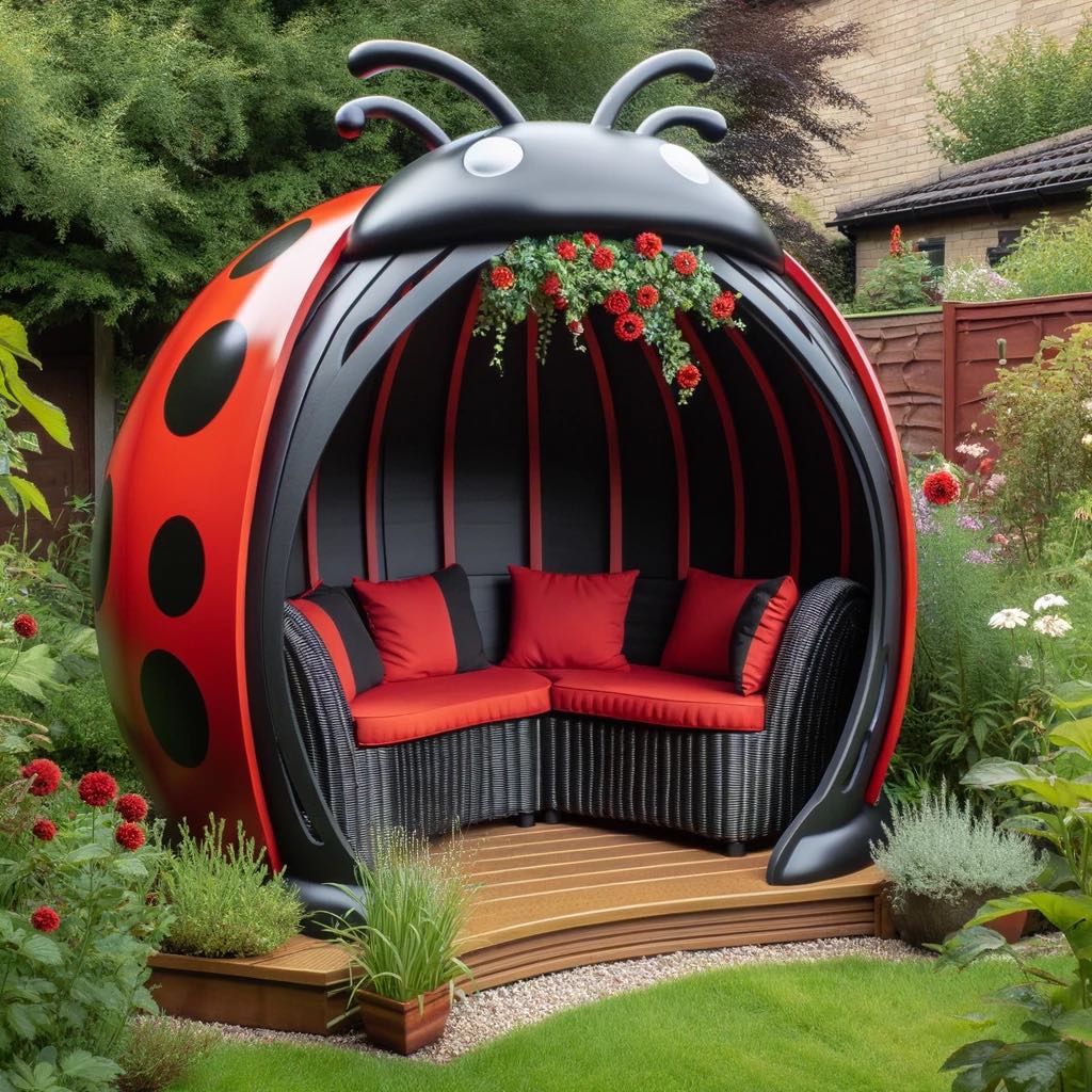 Ladybird garden arbour with red and black spots, antennae, and cushioned seating.