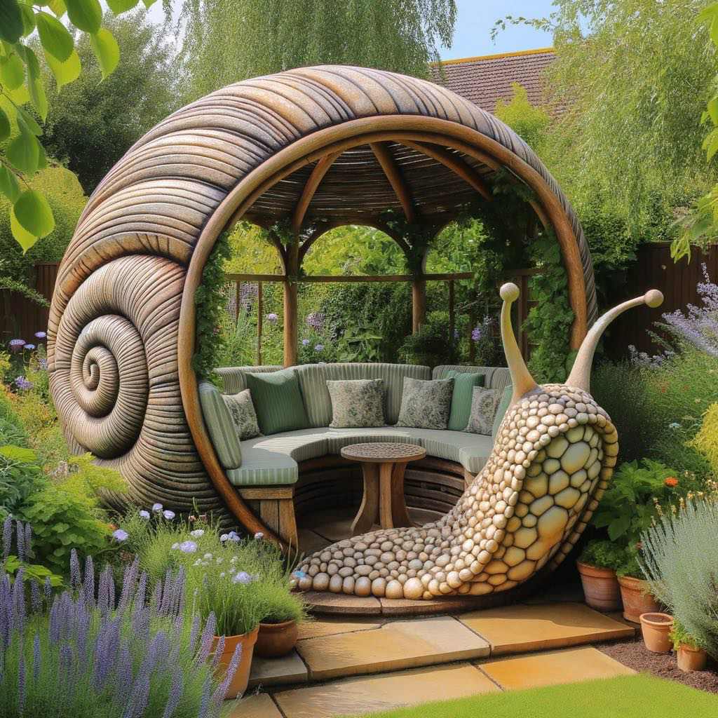 Snail garden arbour with a detailed shell design and comfortable seating area.