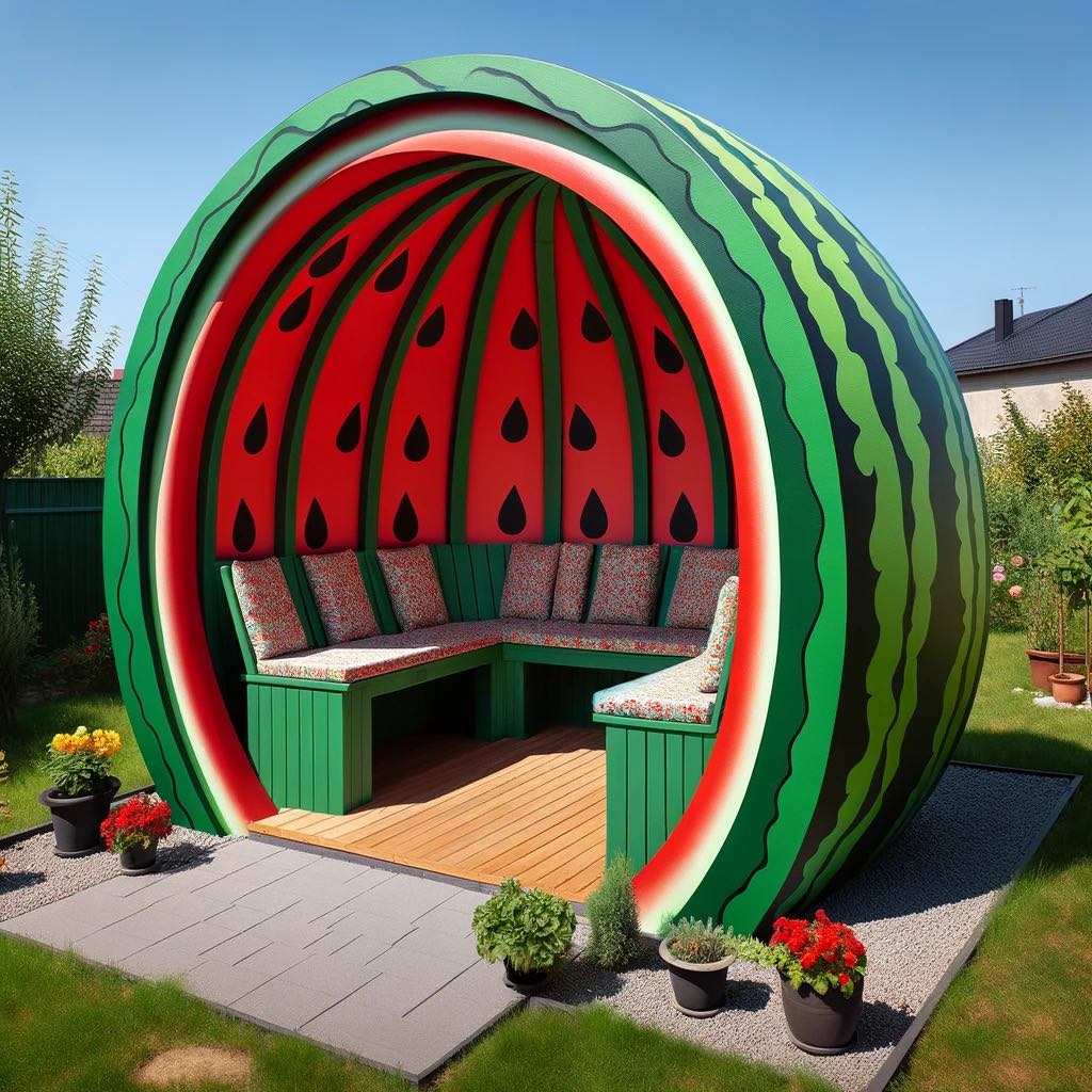 Green and red watermelon-themed arbour with spacious seating in a garden.