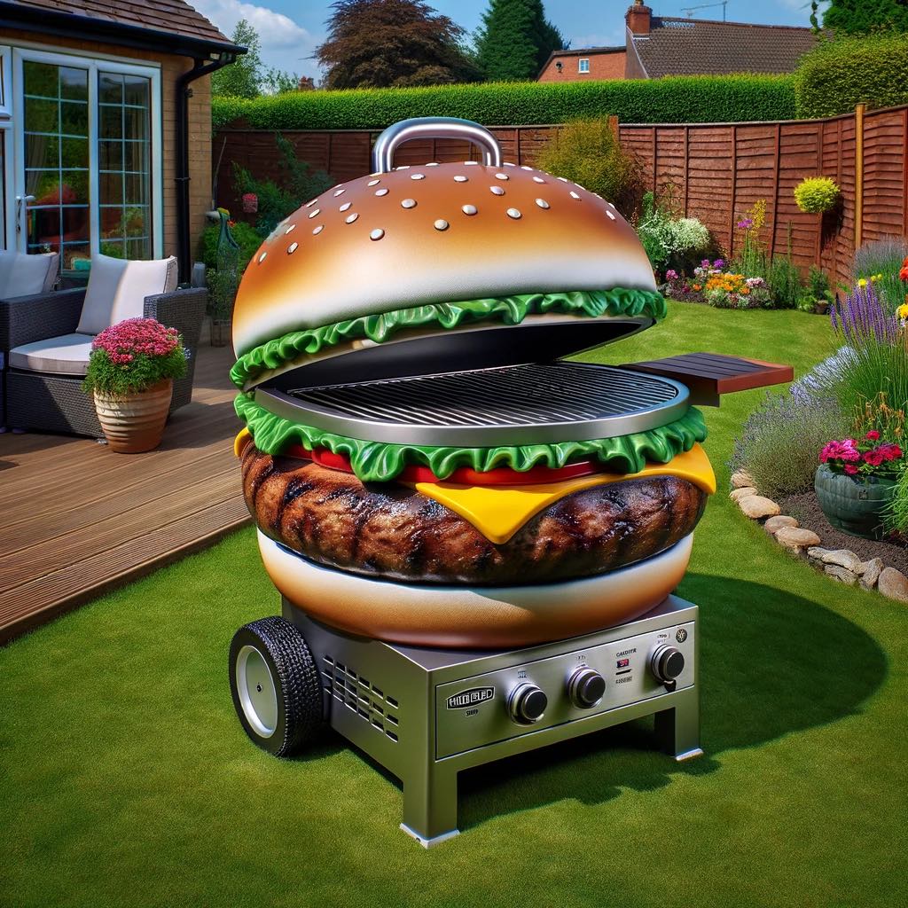 Creative BBQ grill resembling a giant cheeseburger with all the fixings in a backyard setting.