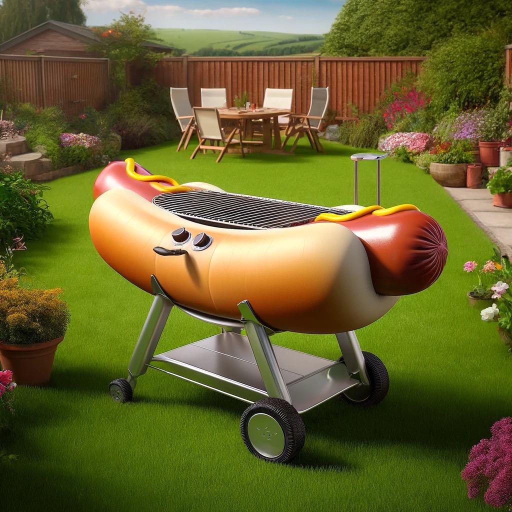 Playful BBQ grill shaped like a giant hot dog in a family-friendly backyard.