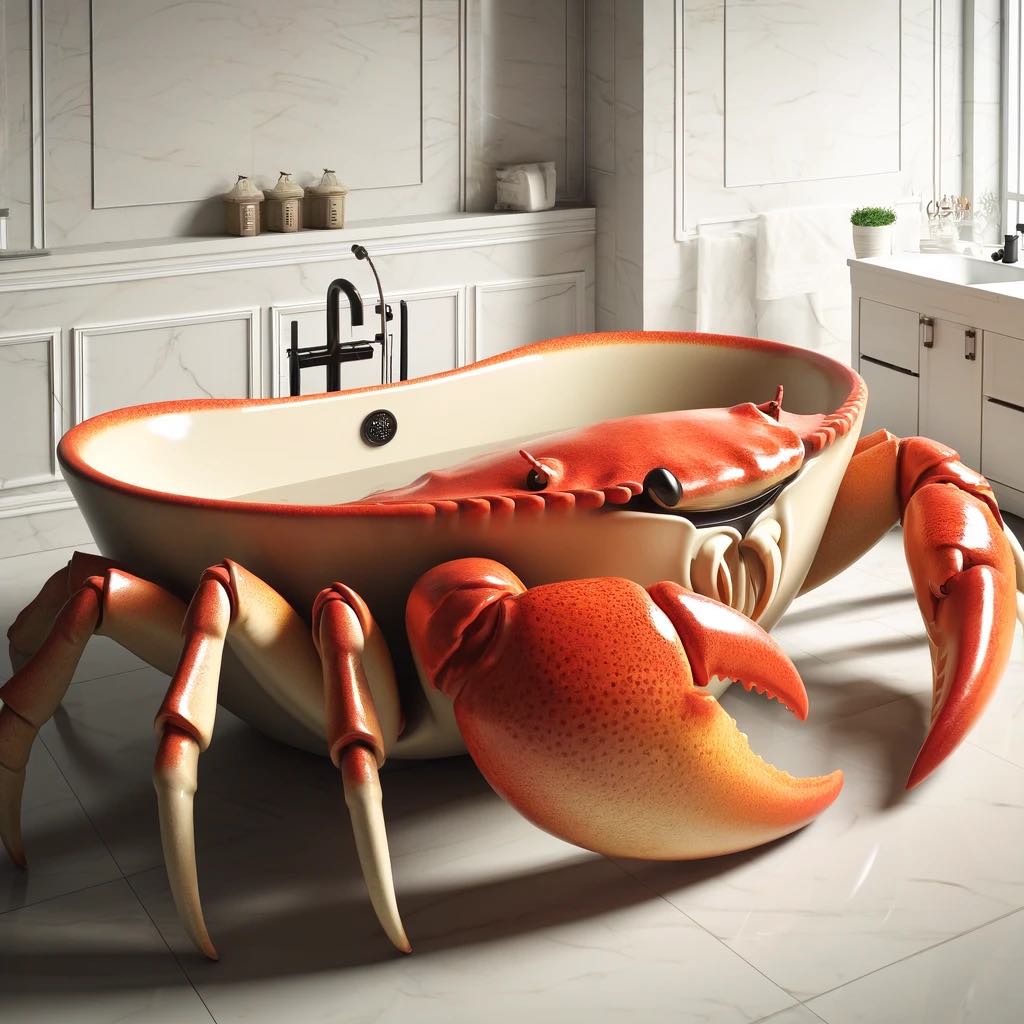 A luxurious bathtub designed to resemble a vibrant orange and red crab with detailed legs and claws in a modern bathroom setting.