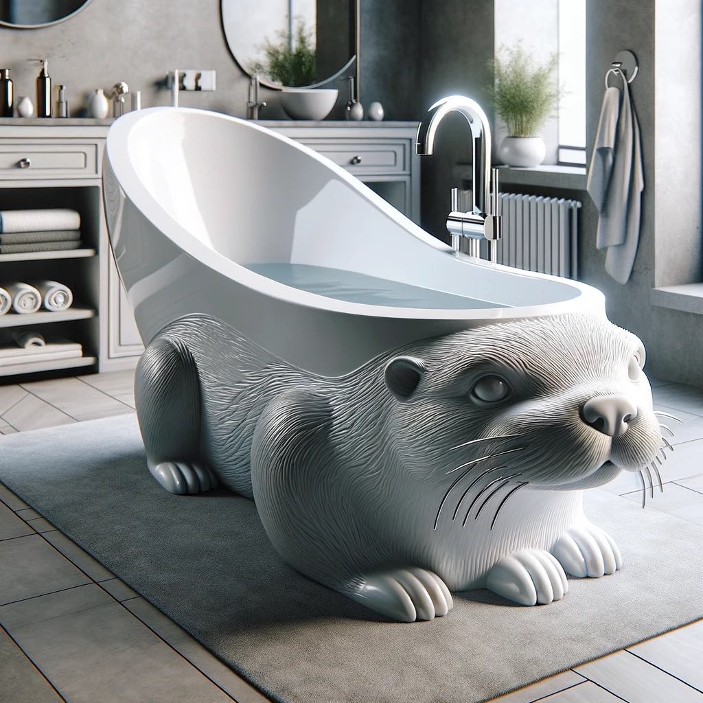 A sleek white bathtub shaped like an otter with realistic detailing, featuring its head and paws extending out, placed in a contemporary bathroom.