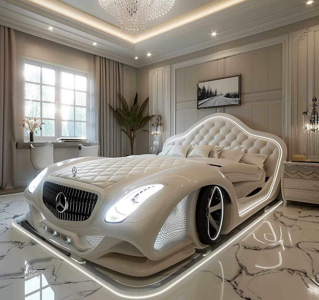A luxurious car-themed bed designed to resemble a white Mercedes, perfect for modern bedroom interiors.