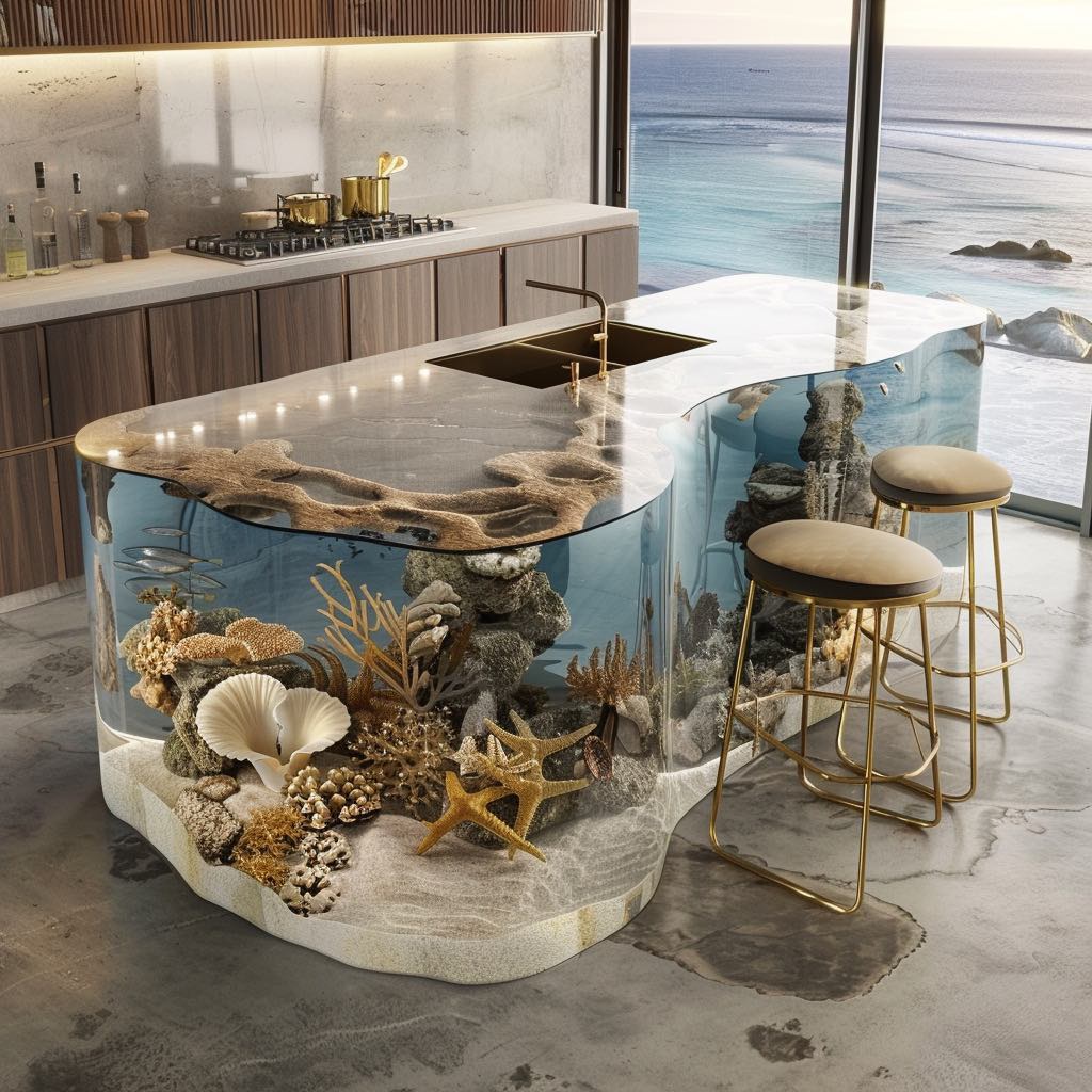 Luxurious kitchen island with a vibrant coral reef aquarium and colourful fish, creating a captivating underwater scene.