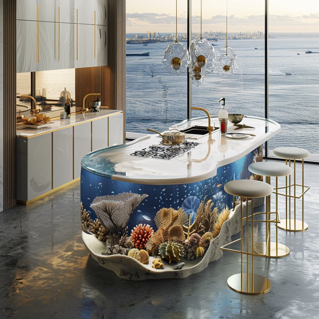 Elegant kitchen island featuring an aquarium with intricate coral formations and marine life, blending style and functionality.