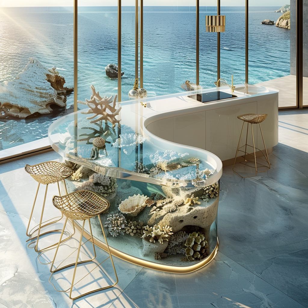 Serene kitchen island with an aquarium showcasing sea creatures and delicate corals, offering a tranquil dining experience.