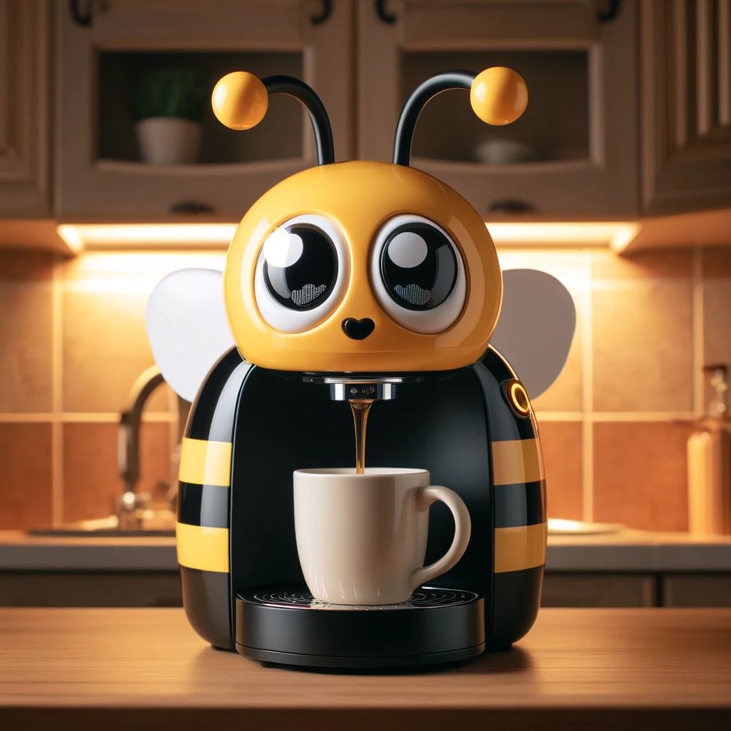 Adorable bee-themed coffee maker with yellow and black stripes and big eyes in a cozy kitchen.