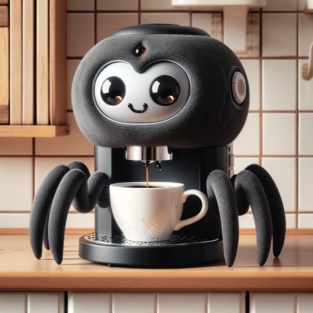 Quirky spider-themed coffee maker with fuzzy exterior and big eyes in a tiled kitchen