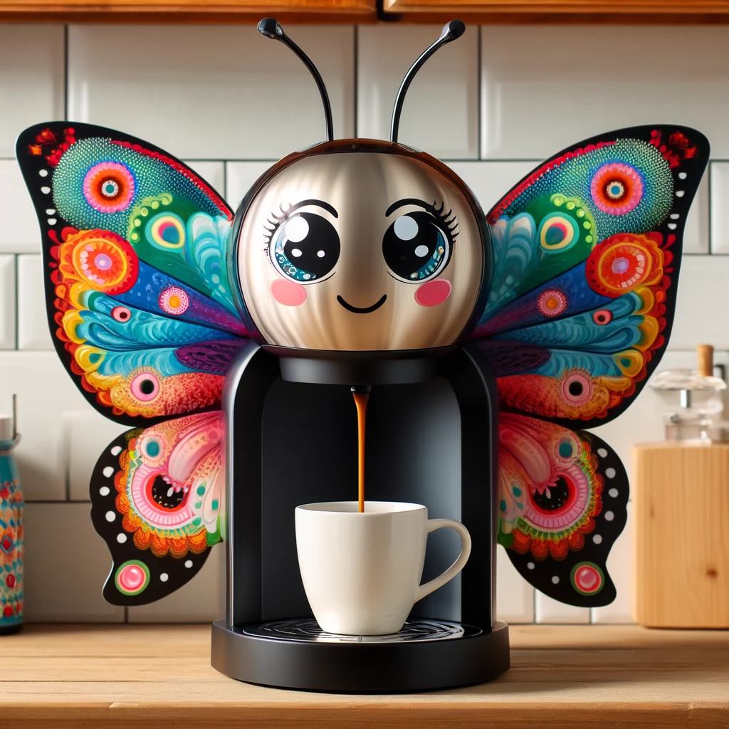 Colorful butterfly-themed coffee maker with vibrant wings and cheerful expression in a modern kitchen