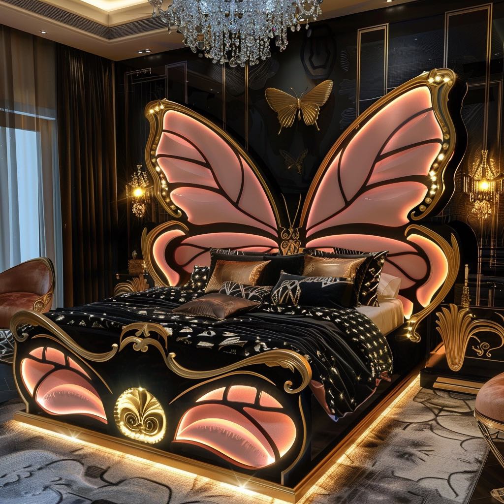 Luxurious pink butterfly-themed bed with golden accents and intricate design in a romantic bedroom setting.