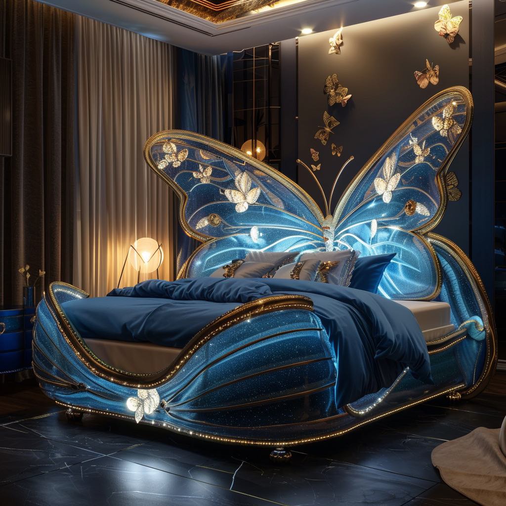 Elegant blue butterfly-themed bed with shimmering details and serene design in a tranquil bedroom.