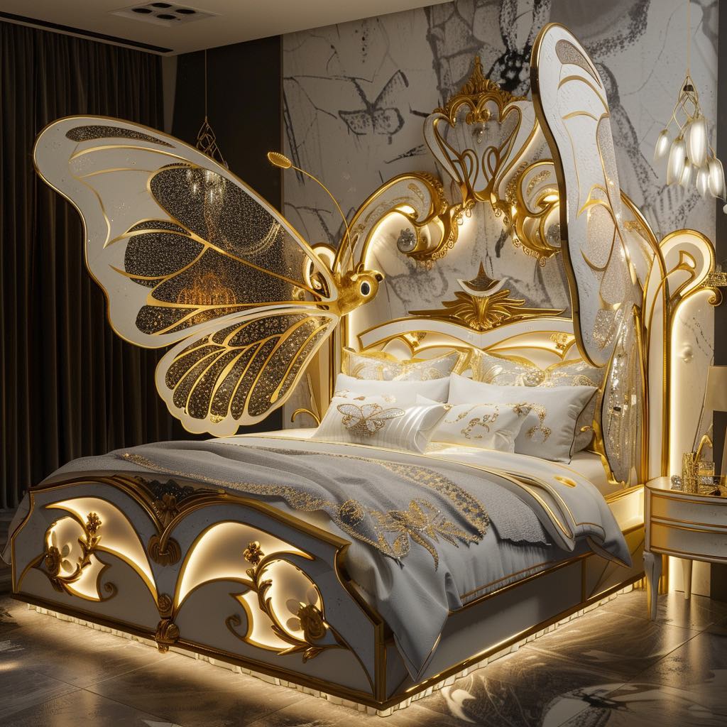 Majestic golden butterfly-themed bed with intricate gold and white accents in a luxurious bedroom.