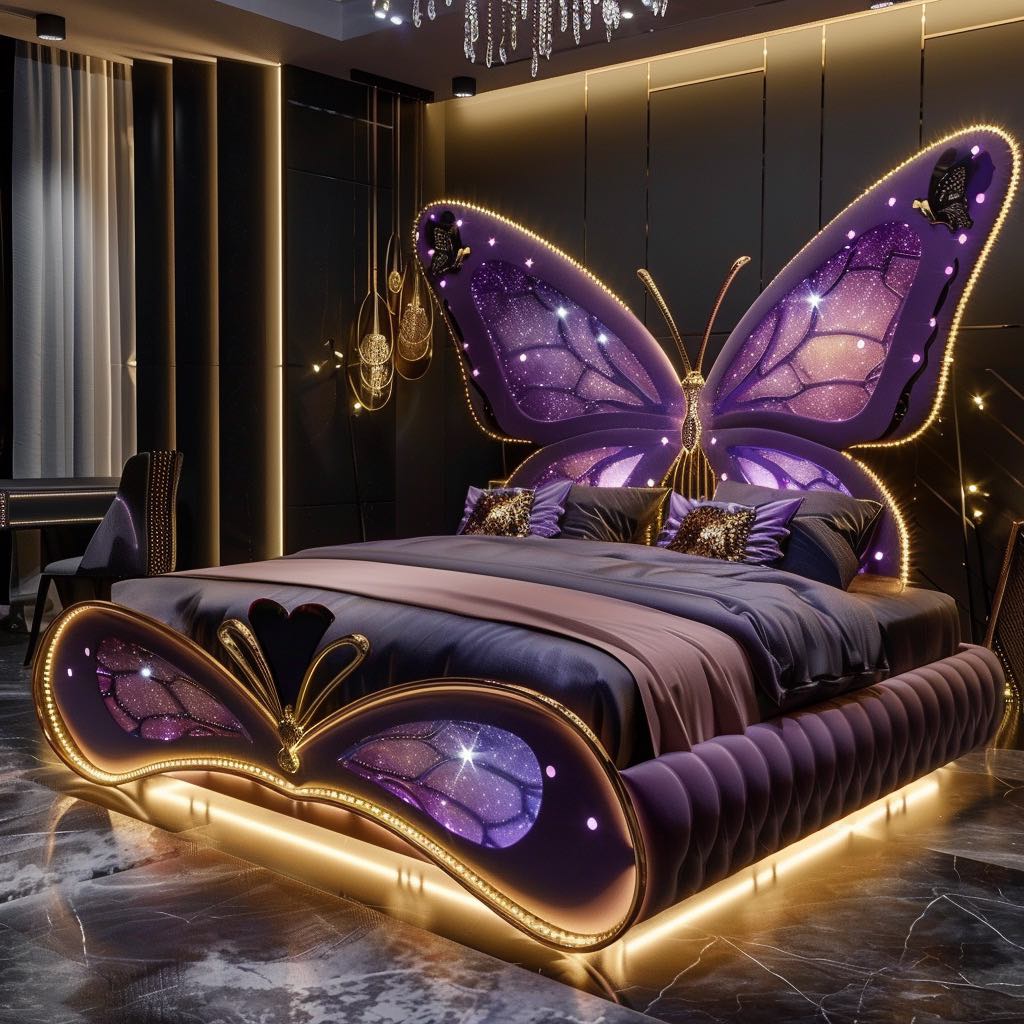 Enchanting purple butterfly-themed bed with sparkling embellishments and bold design in a dramatic bedroom.