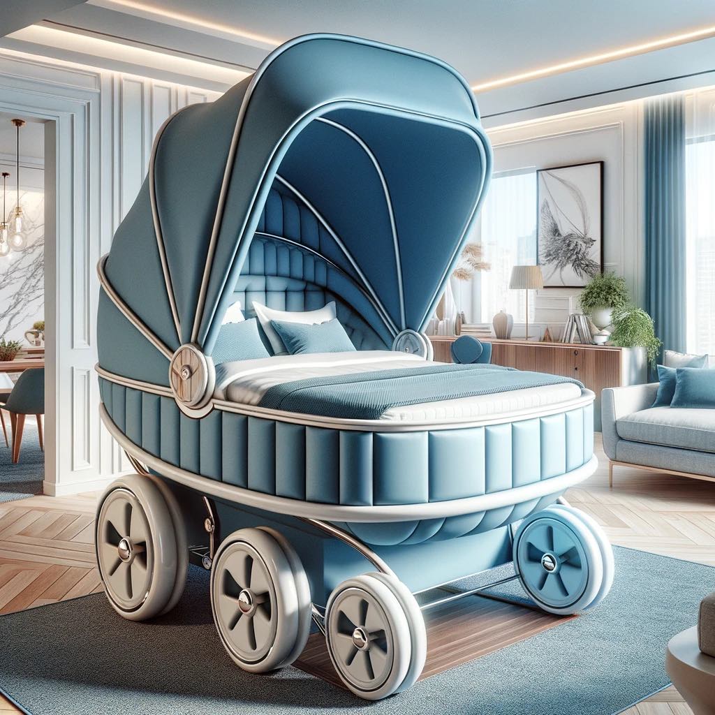 Pristine white pram bed with clean lines and soft padding in a contemporary room.