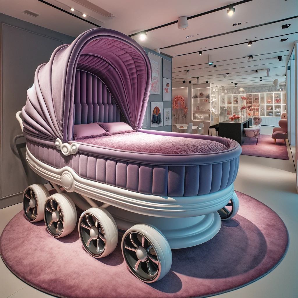 Lavender pram bed with plush upholstery in a whimsical bedroom.