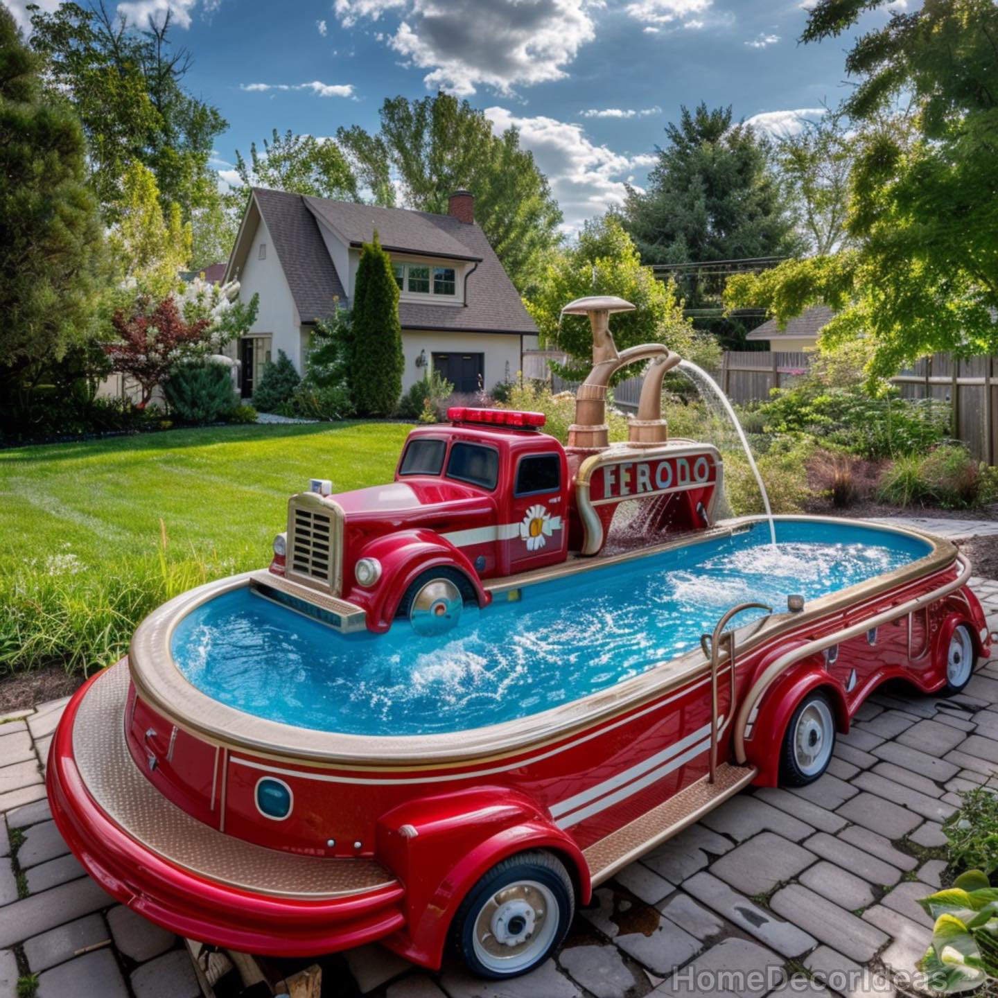 Custom-designed swimming pool shaped like a red vintage firetruck, complete with details like headlights and a hose, located on paving stones surrounded by lush greenery. 