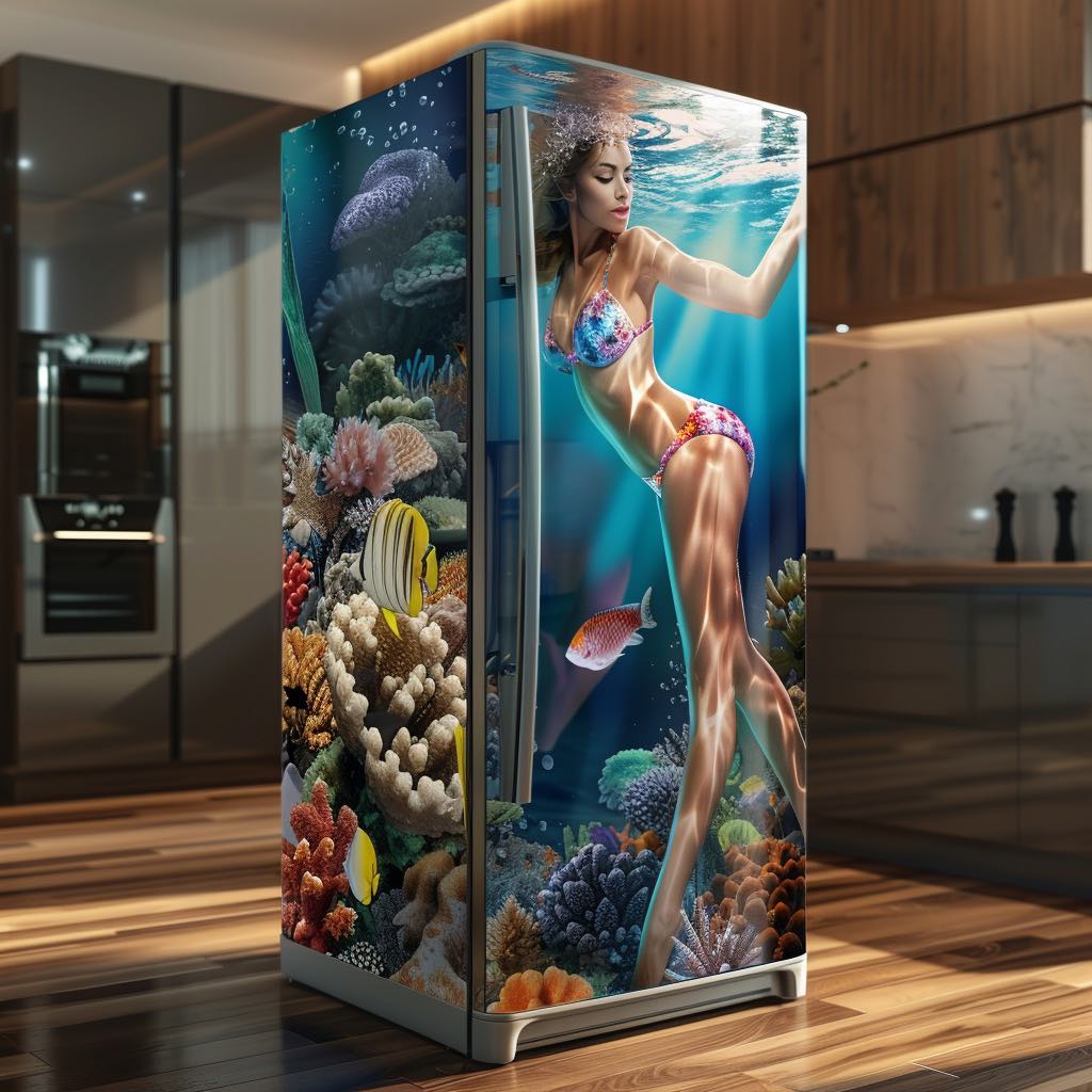 A whimsical refrigerator design with a mermaid swimming in a coral-rich ocean, suited for fantasy-themed kitchens.