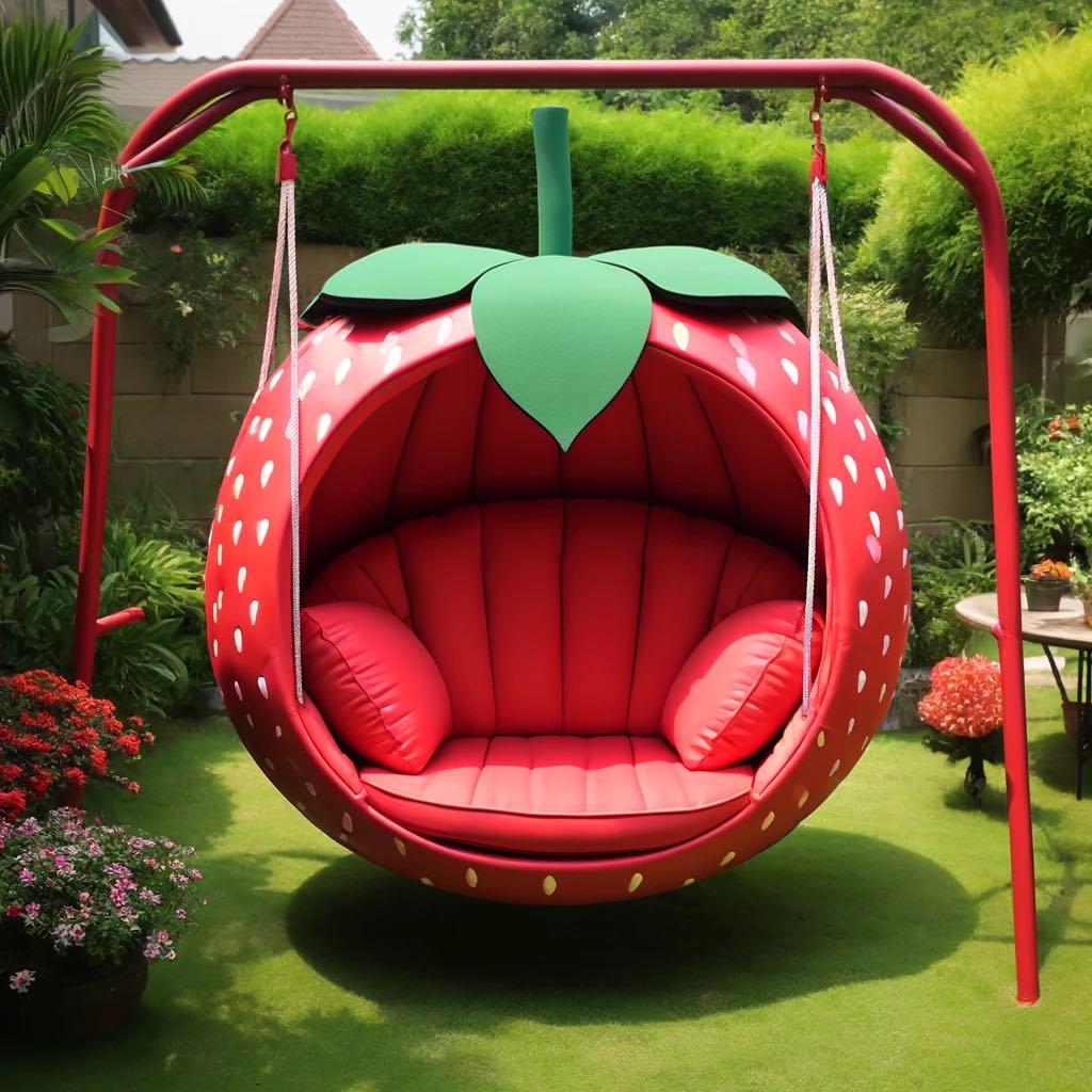 Vibrant red strawberry-shaped hanging chair with green leaf accents and plush cushions in a garden setting.