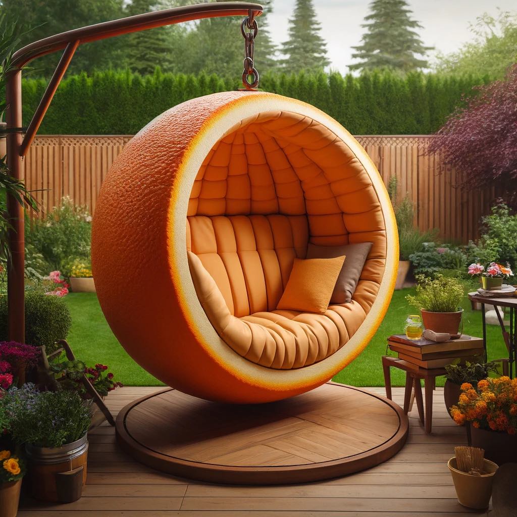 Bright orange hanging chair with realistic orange peel texture and cushioned seating in a backyard garden.