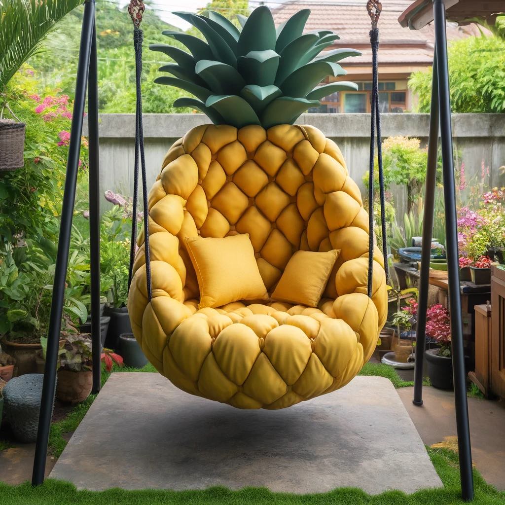 Yellow pineapple-shaped hanging chair with tufted design and green crown in a lush garden.