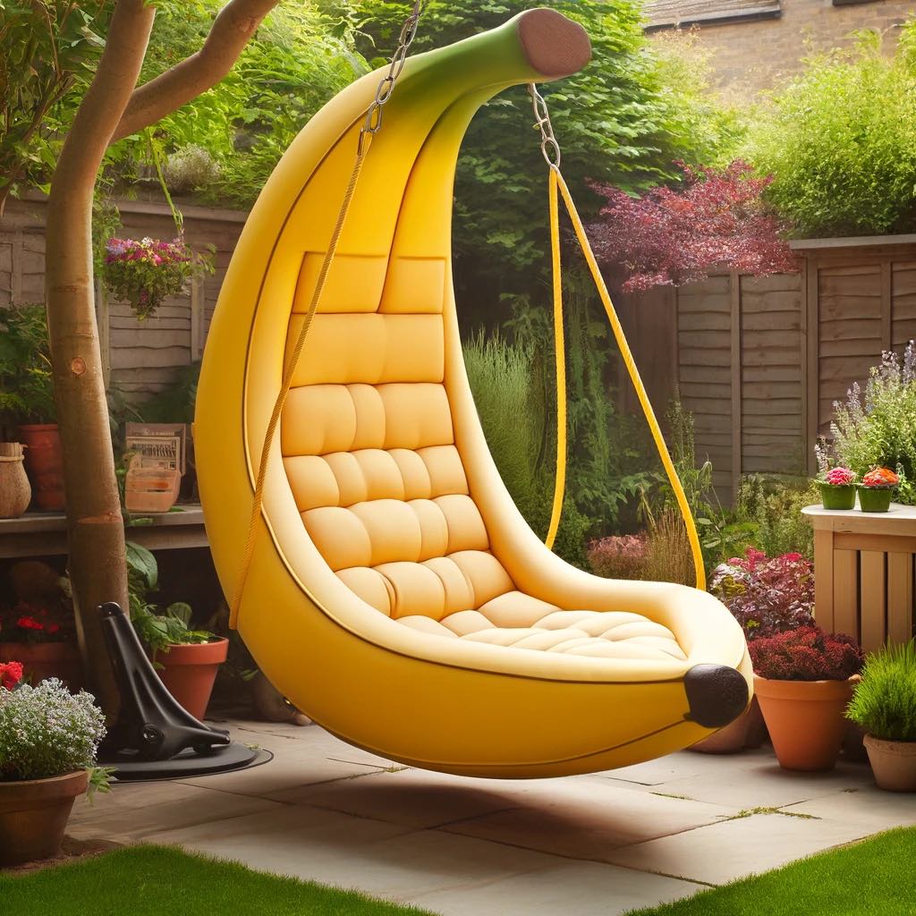 Bright yellow banana-shaped hanging chair with curved design and cushioned seating in a backyard garden.