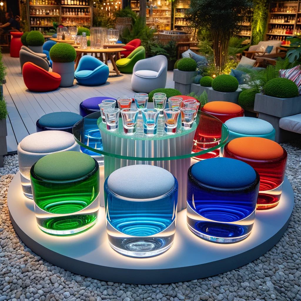 Modern outdoor lounge with a circular, illuminated garden table surrounded by vibrant, colour-changing stools